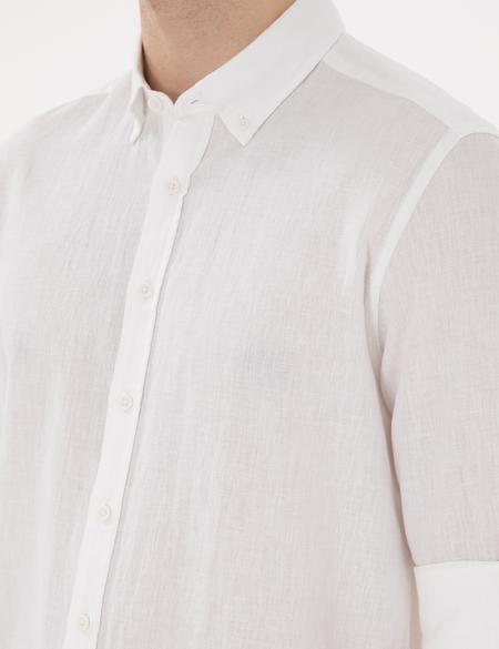 Beyaz Keten Karışımlı Regular Fit Uzun Kollu Gömlek - 50303245073