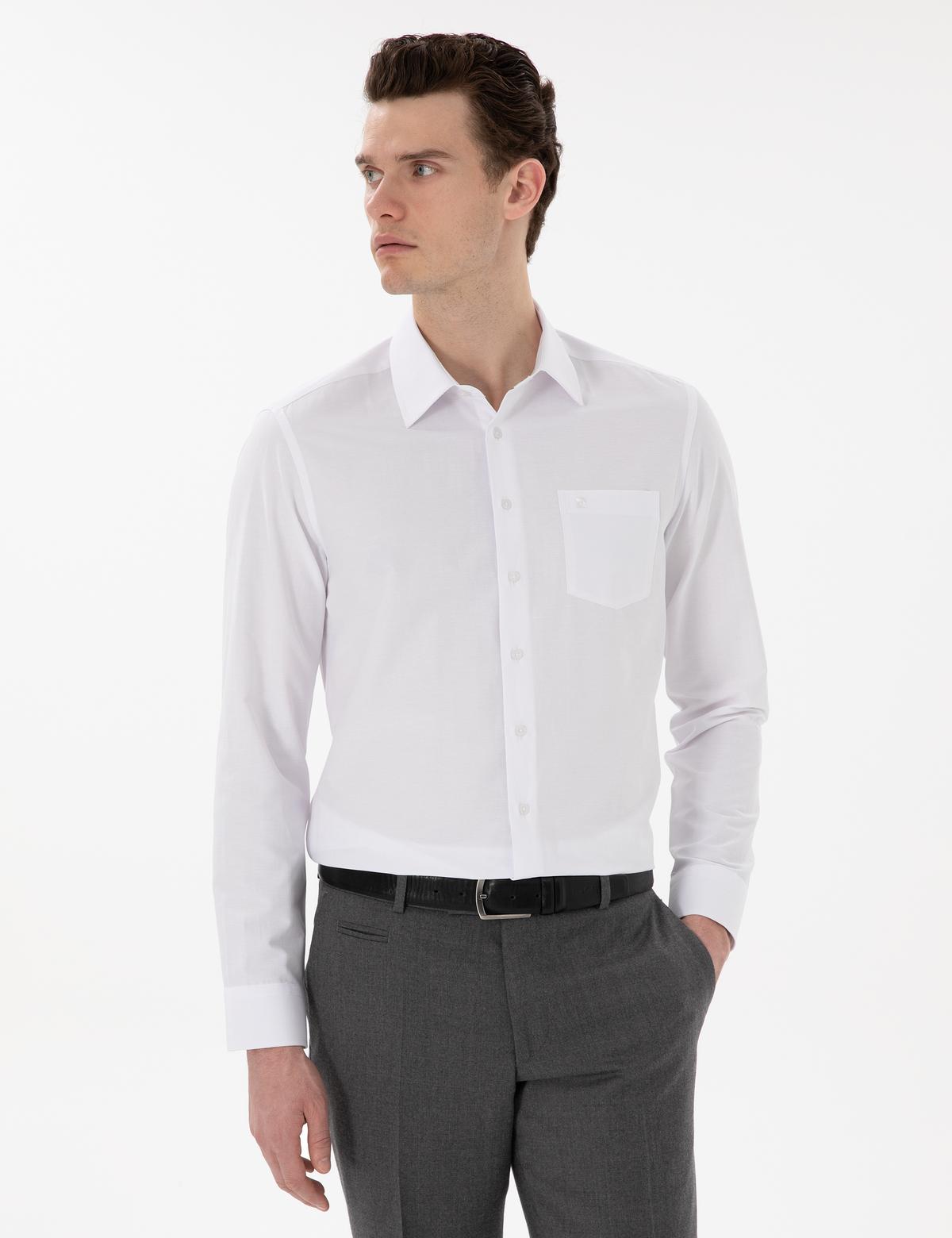 Beyaz Regular Fit Uzun Kollu Basic Cepli Gömlek