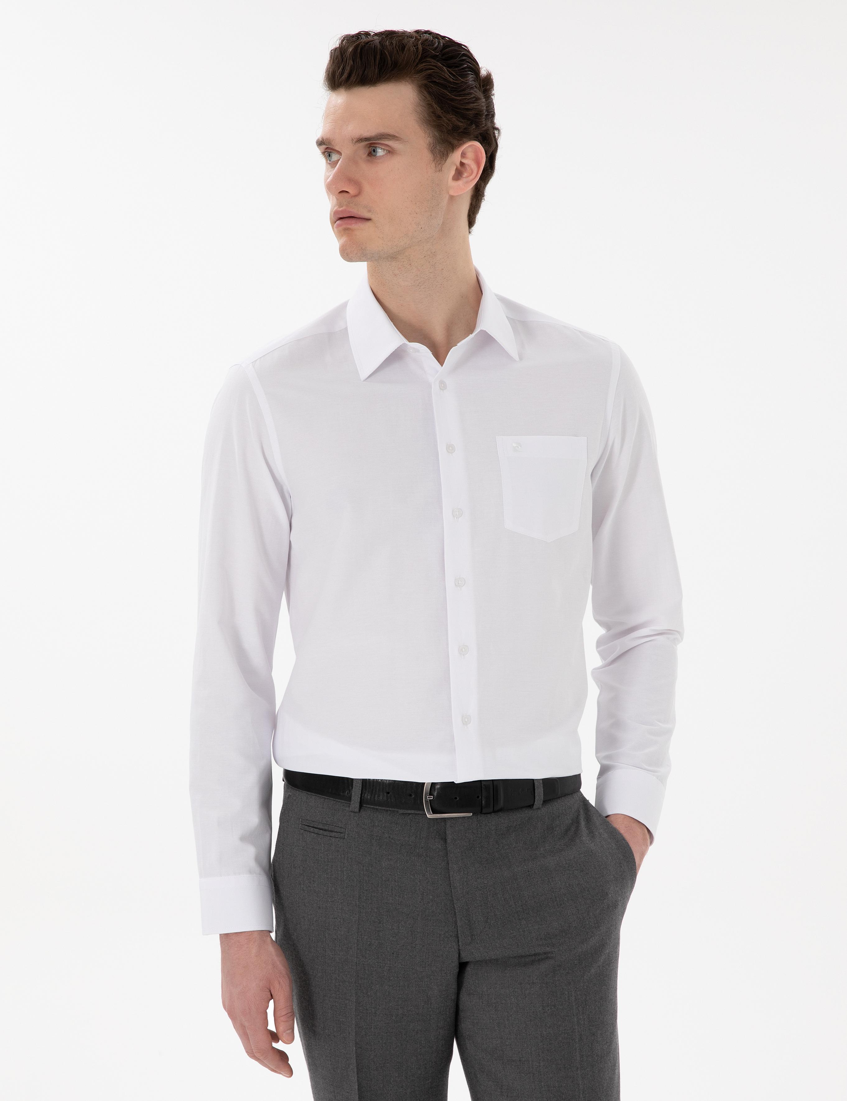 Beyaz Regular Fit Uzun Kollu Basic Cepli Gömlek