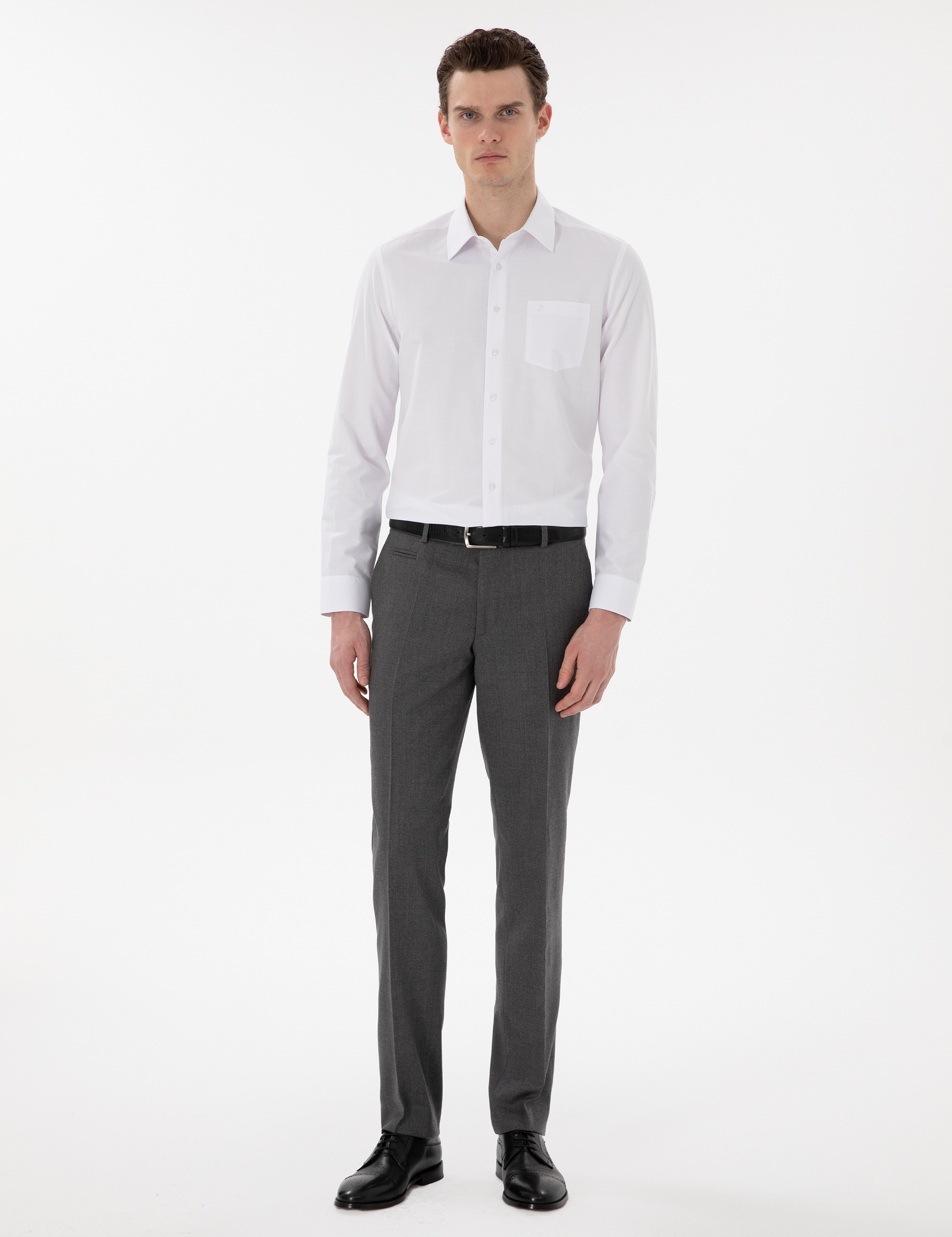 Beyaz Regular Fit Uzun Kollu Basic Cepli Gömlek - Image 4