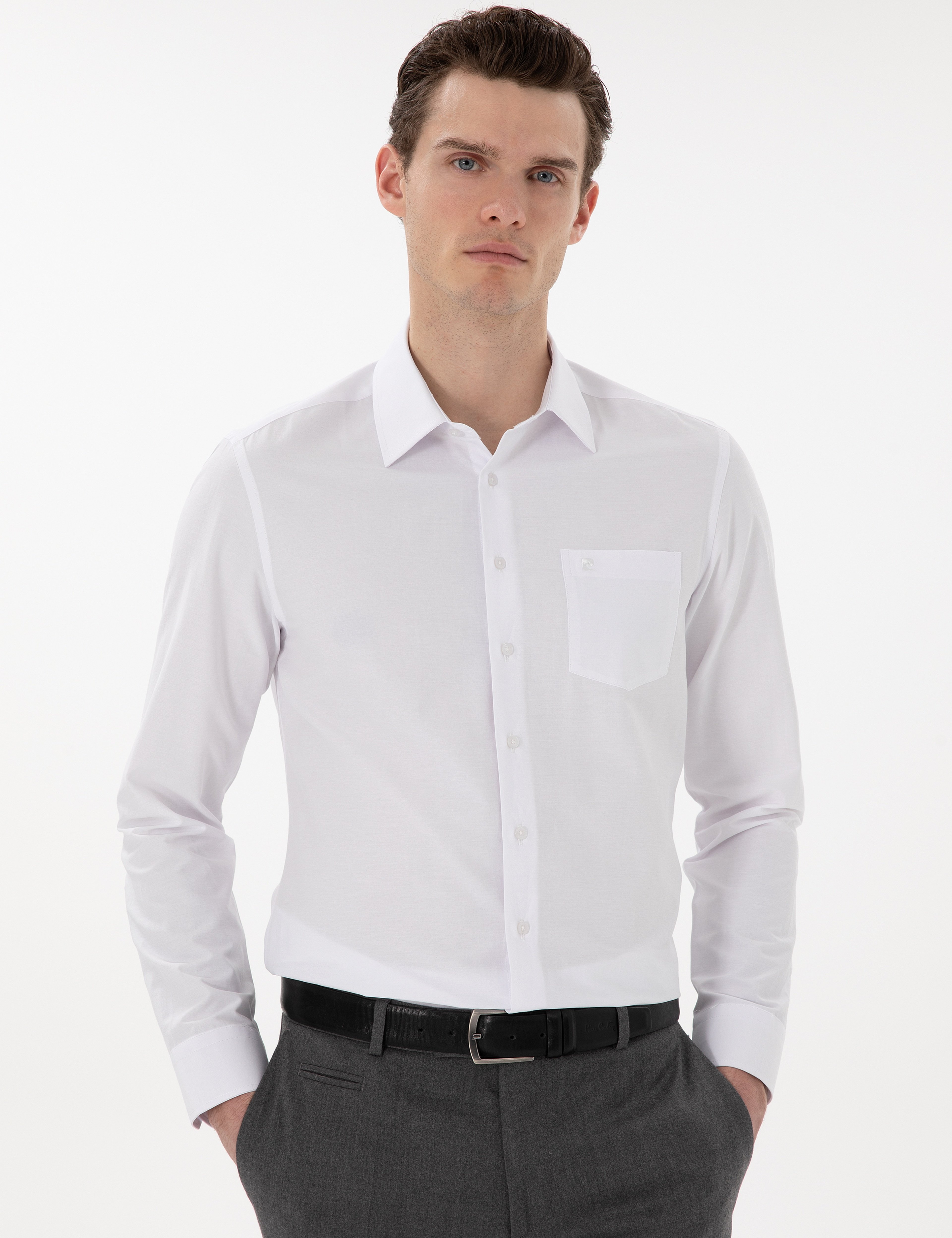 Beyaz Regular Fit Uzun Kollu Basic Cepli Gömlek - Image 3
