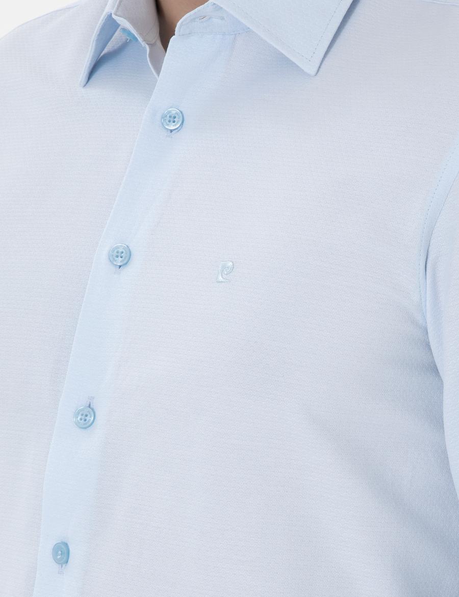Açık Mavi İltalyan Yaka Armürlü Uzun Kollu Gömlek