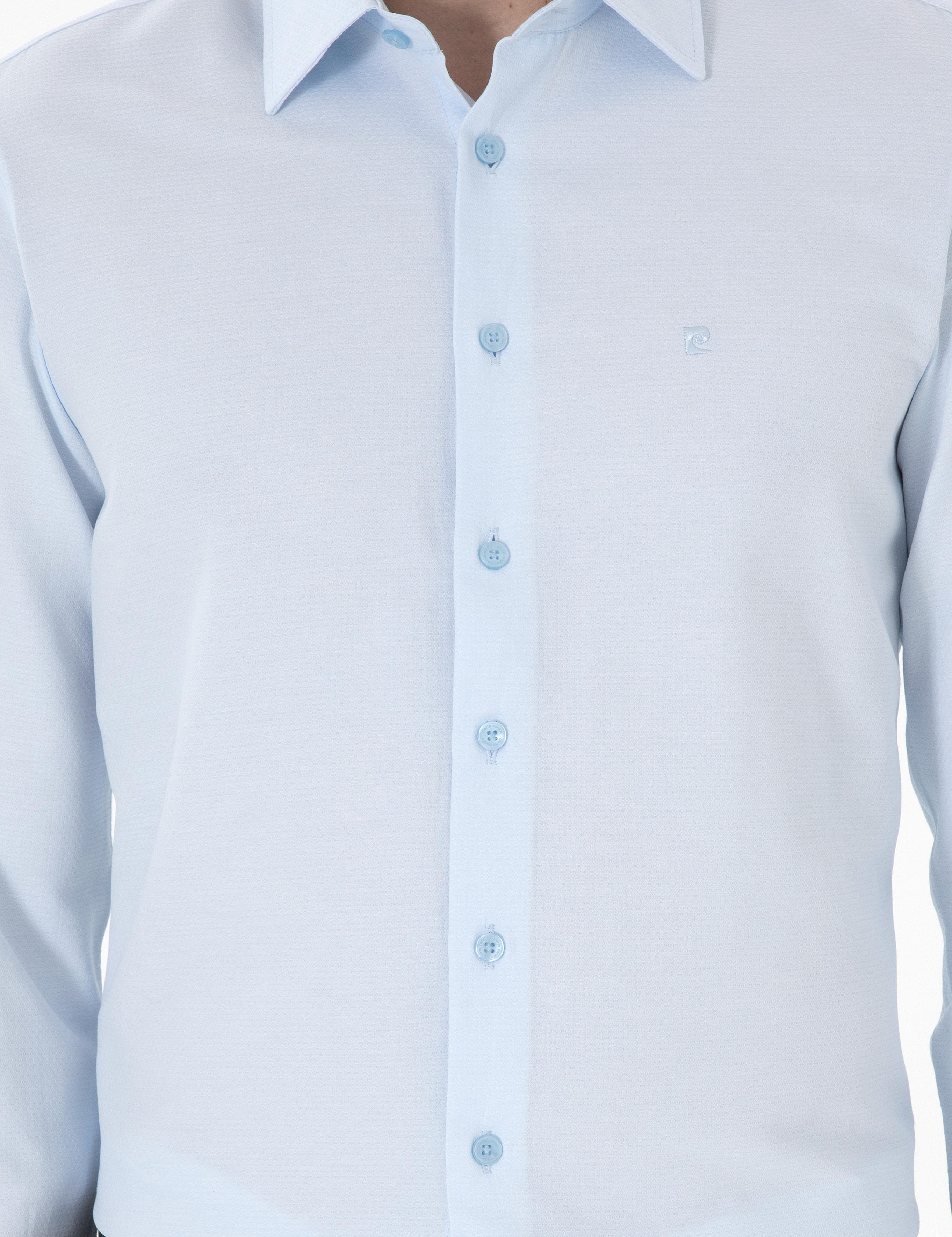 Açık Mavi İltalyan Yaka Armürlü Uzun Kollu Gömlek