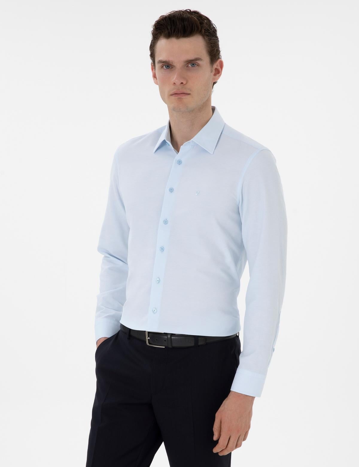 Açık Mavi İltalyan Yaka Armürlü Uzun Kollu Gömlek