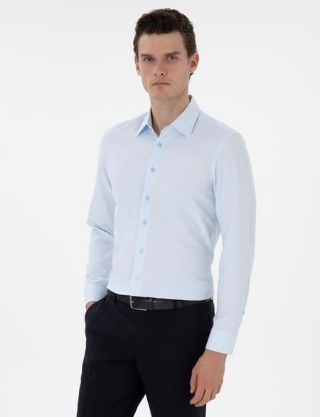 Açık Mavi İltalyan Yaka Armürlü Uzun Kollu Gömlek - 50303375014