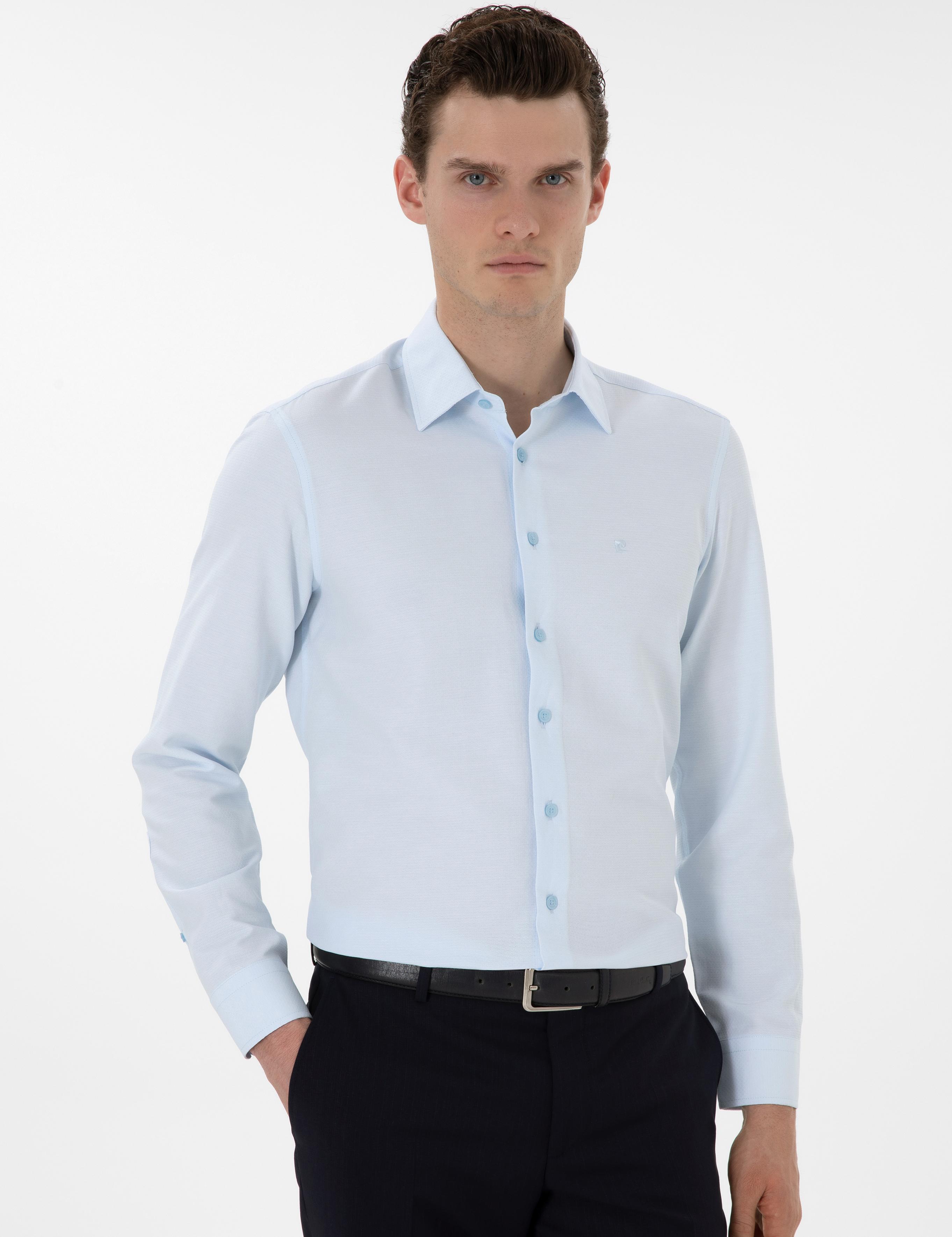 Açık Mavi İltalyan Yaka Armürlü Uzun Kollu Gömlek