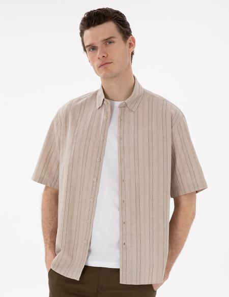 Haki Keten Karışımlı Oversize Rahat Kesim Kısa Kollu Gömlek - 50301763043