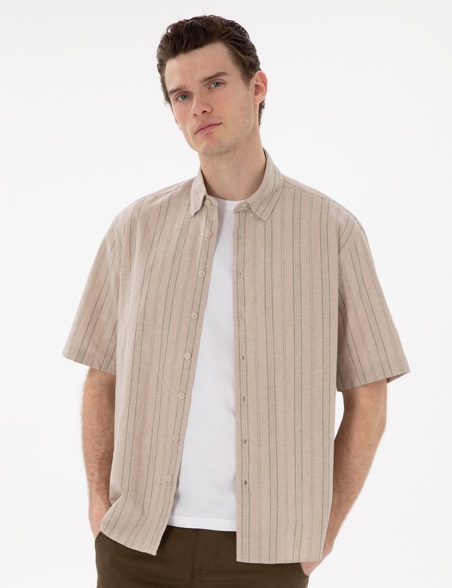 Haki Keten Karışımlı Oversize Rahat Kesim Kısa Kollu Gömlek