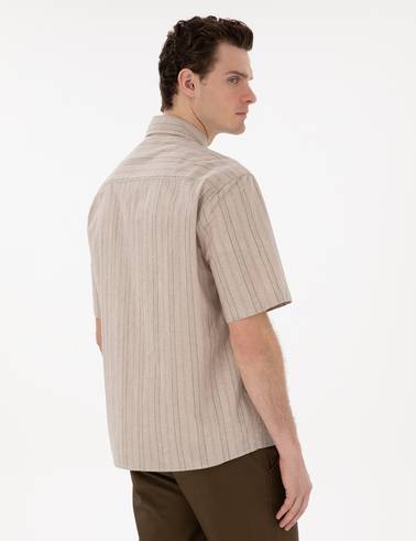 Haki Keten Karışımlı Oversize Rahat Kesim Kısa Kollu Gömlek