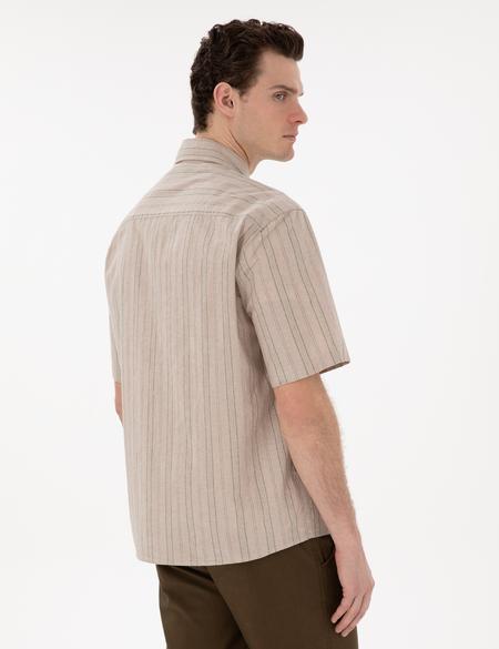 Haki Keten Karışımlı Oversize Rahat Kesim Kısa Kollu Gömlek - 50301763043