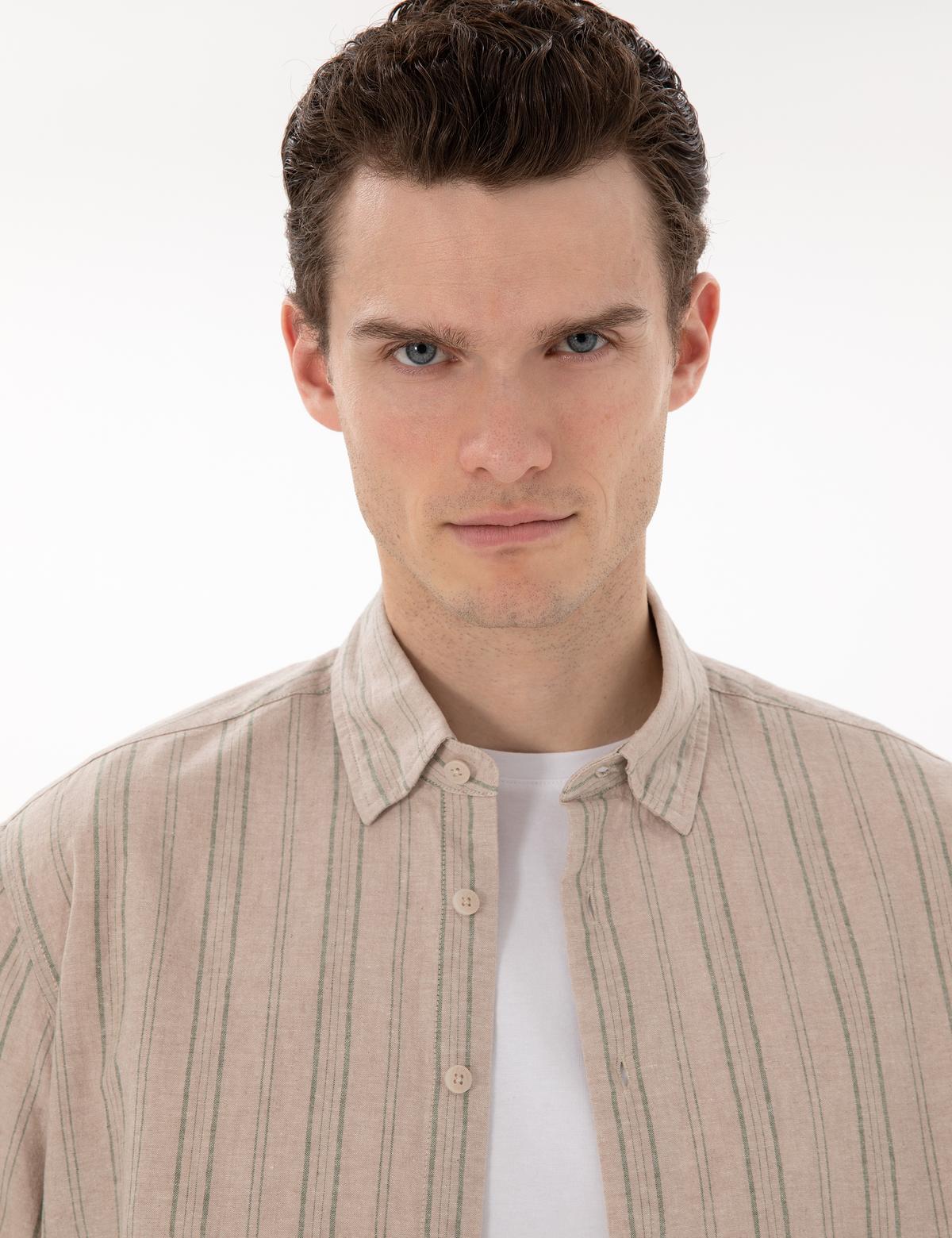 Haki Keten Karışımlı Oversize Rahat Kesim Kısa Kollu Gömlek - 50301763043