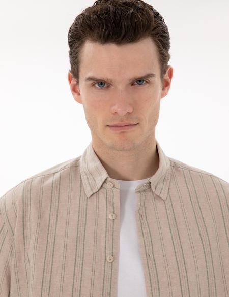 Haki Keten Karışımlı Oversize Rahat Kesim Kısa Kollu Gömlek - 50301763043