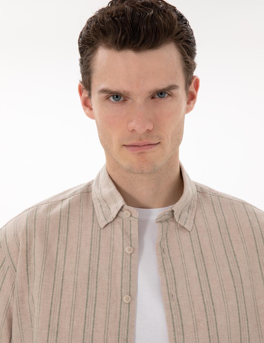 Haki Keten Karışımlı Oversize Rahat Kesim Kısa Kollu Gömlek