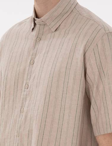 Haki Keten Karışımlı Oversize Rahat Kesim Kısa Kollu Gömlek