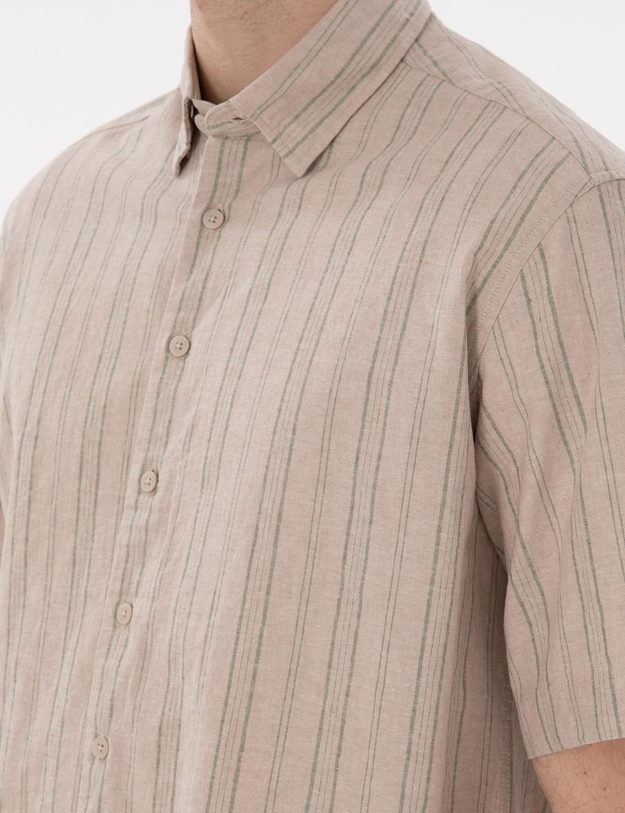 Haki Keten Karışımlı Oversize Rahat Kesim Kısa Kollu Gömlek