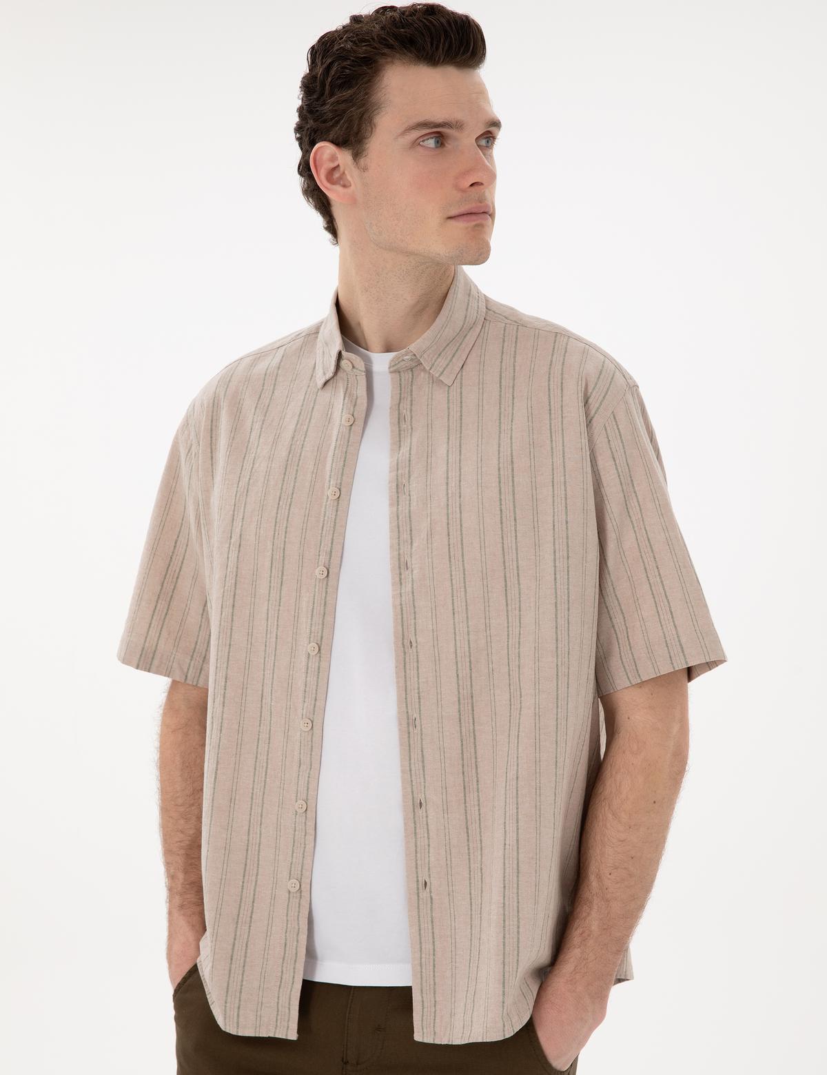 Haki Keten Karışımlı Oversize Rahat Kesim Kısa Kollu Gömlek - 50301763043