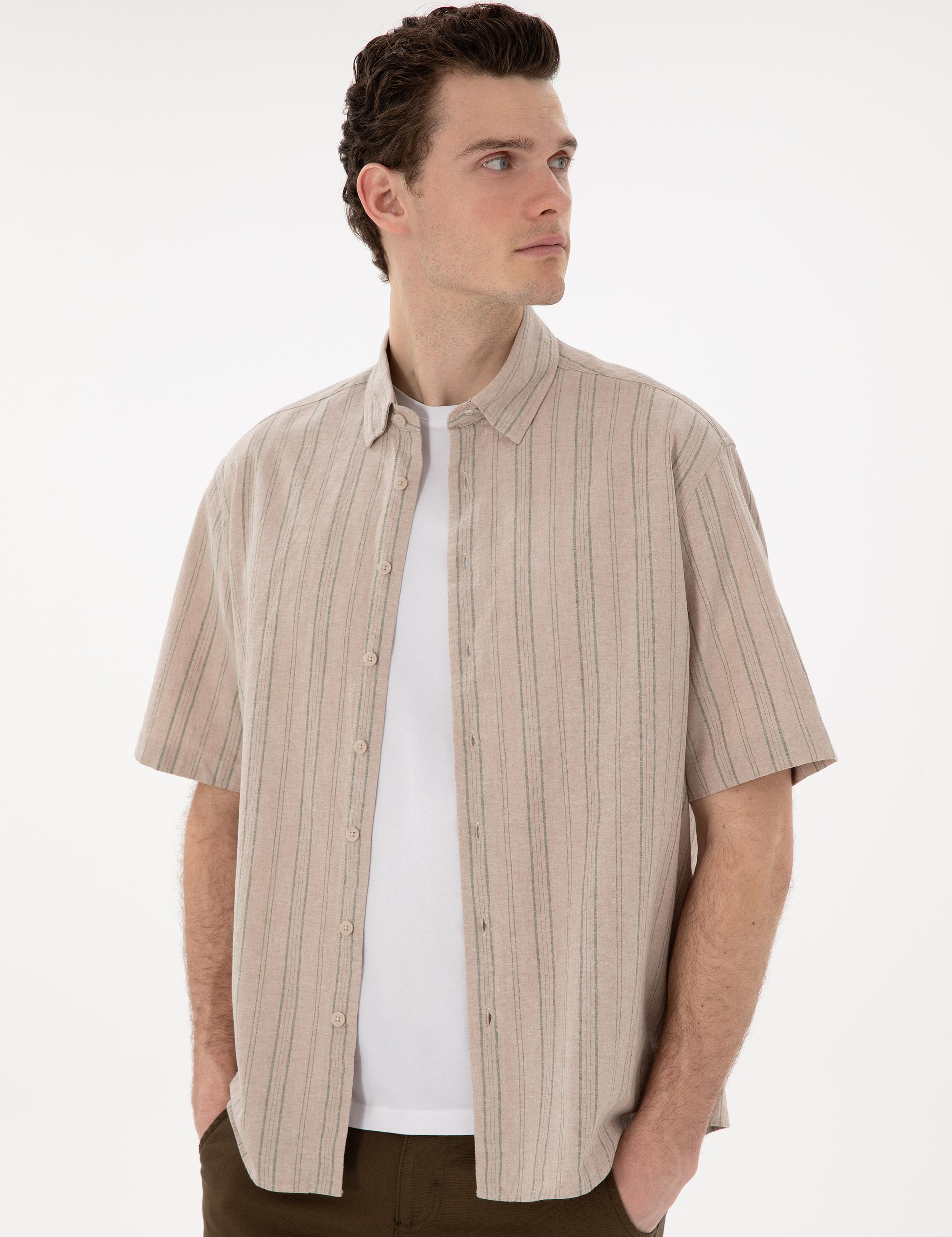 Haki Keten Karışımlı Oversize Rahat Kesim Kısa Kollu Gömlek