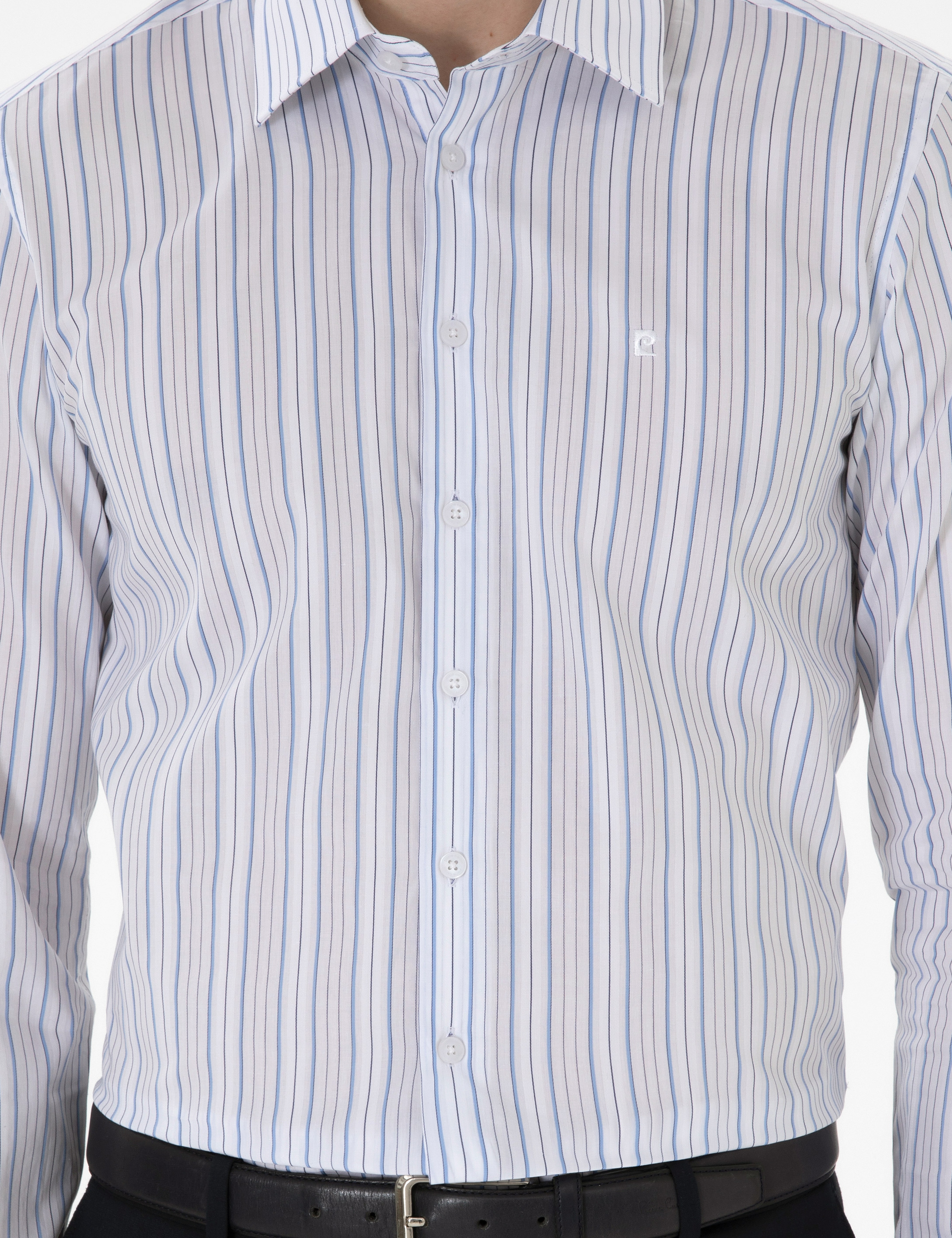 Mavi Çizgili Slim Fit Uzun Kollu Gömlek - Image 6