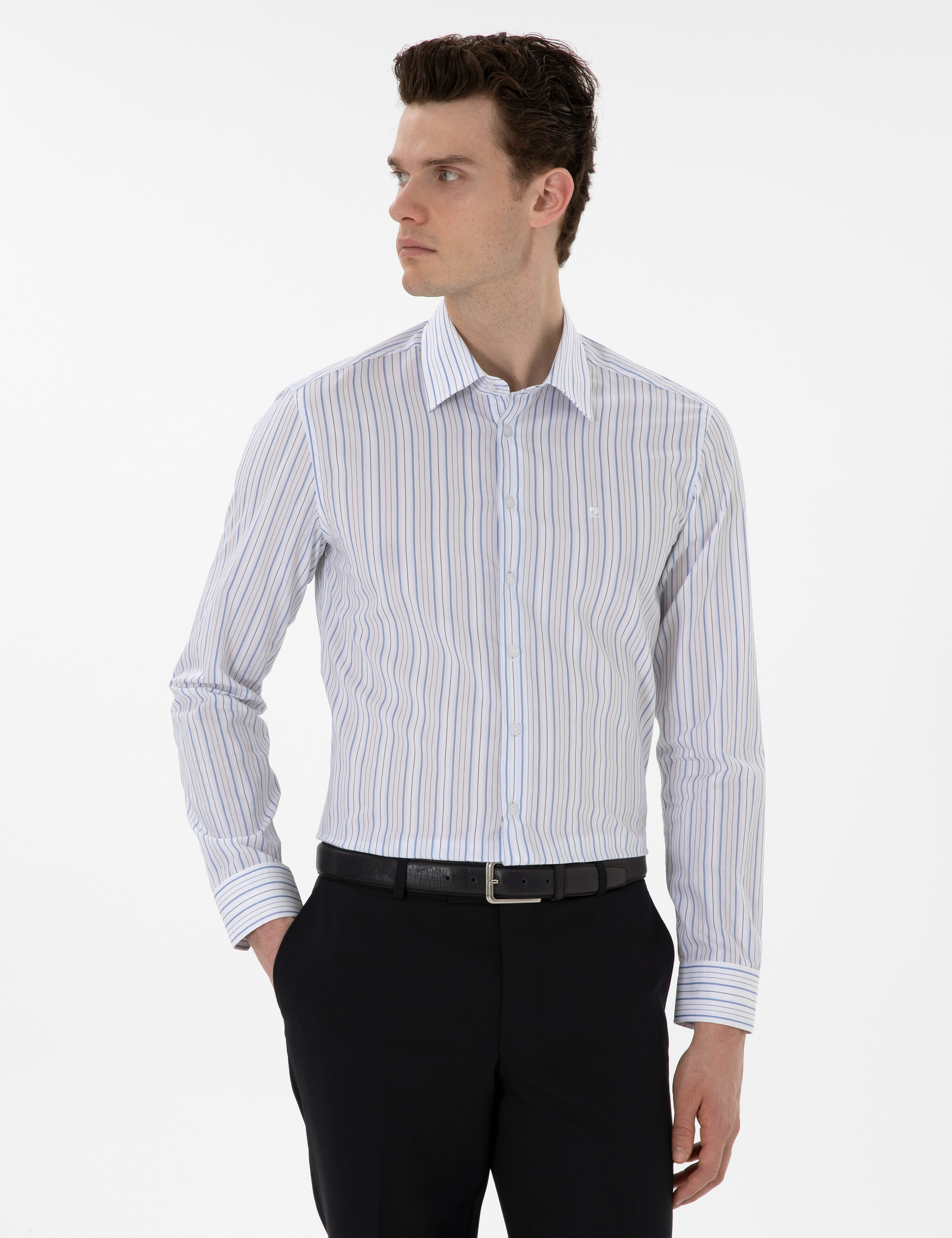 Mavi Çizgili Slim Fit Uzun Kollu Gömlek - Image 1