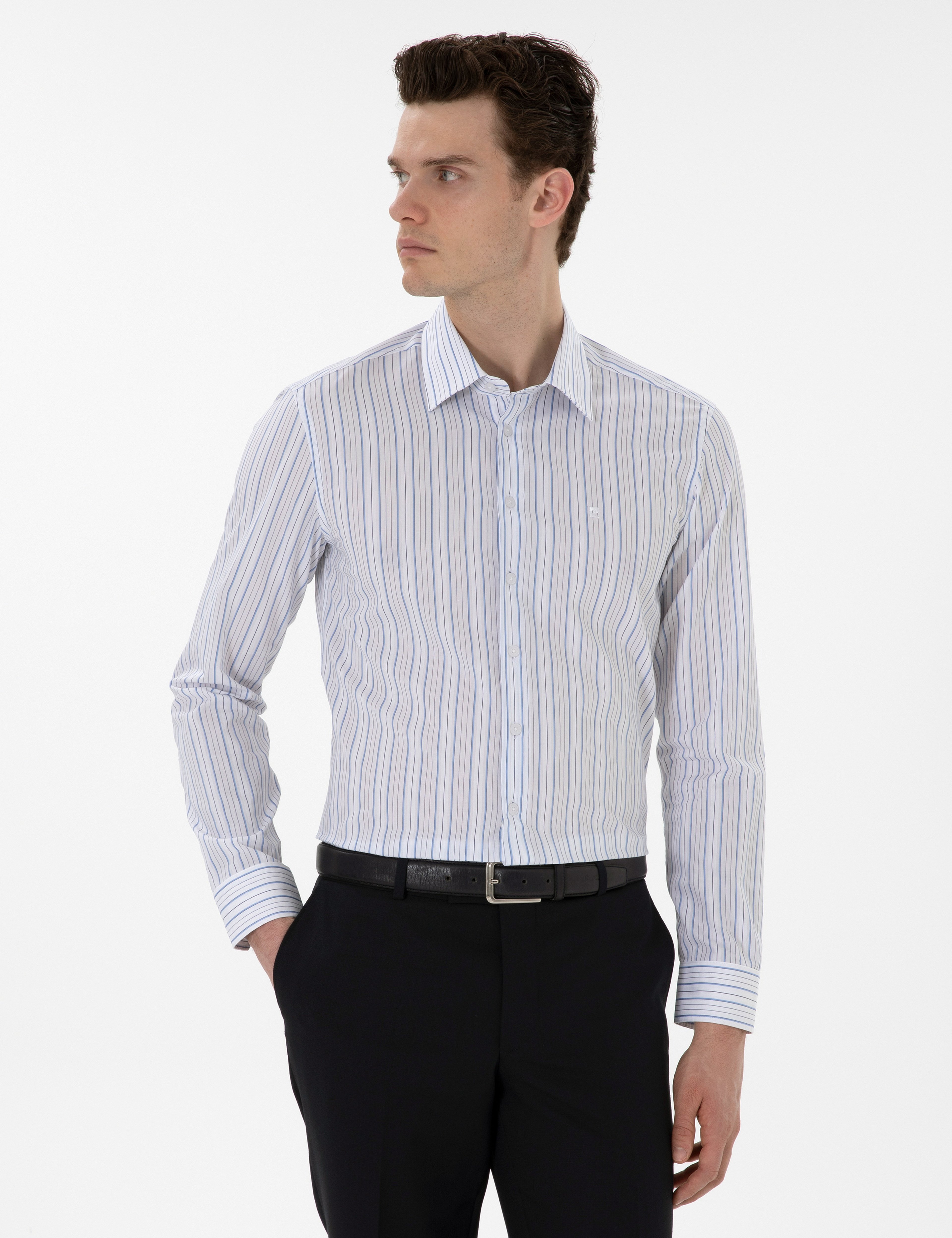 Mavi Çizgili Slim Fit Uzun Kollu Gömlek