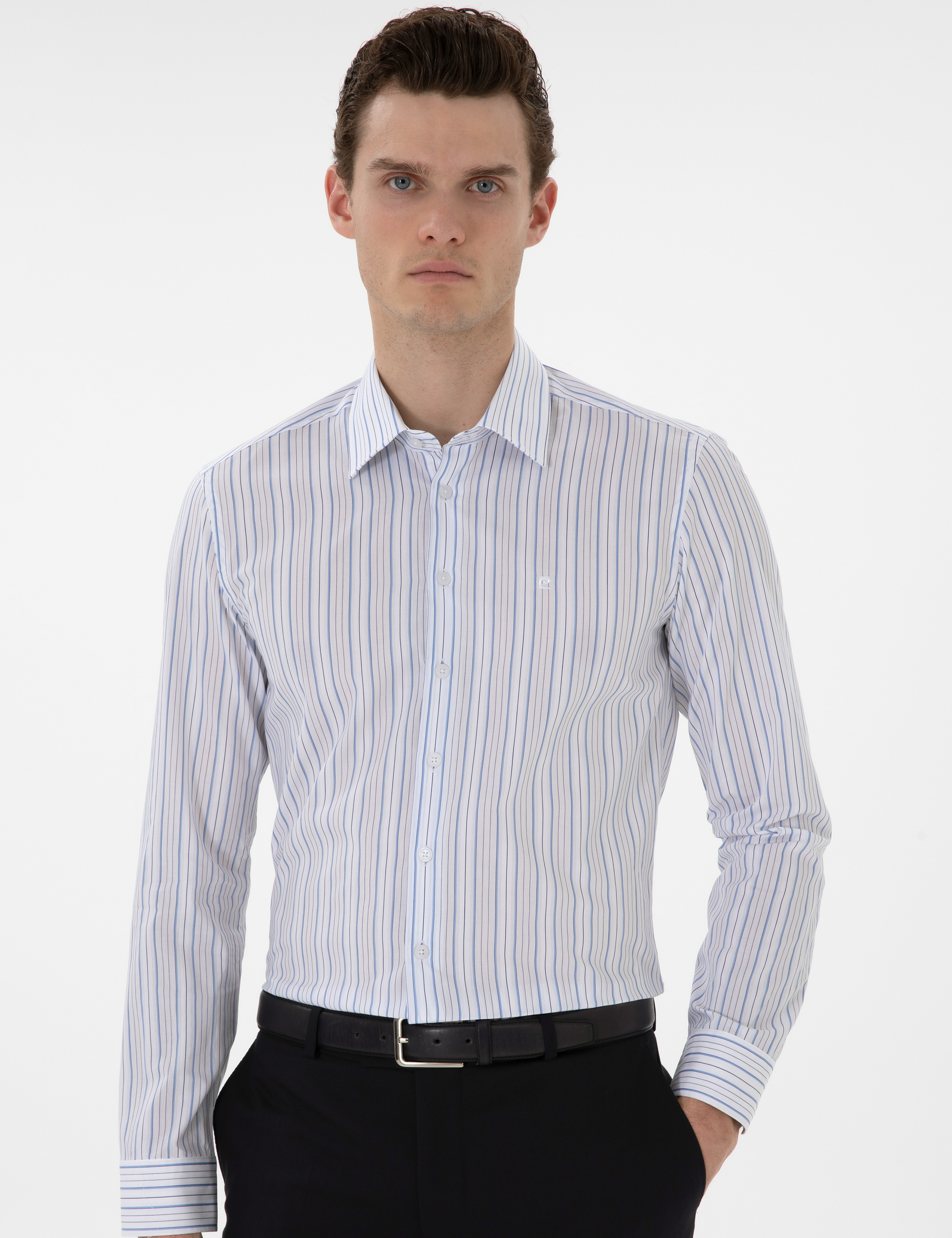 Mavi Çizgili Slim Fit Uzun Kollu Gömlek - Image 3