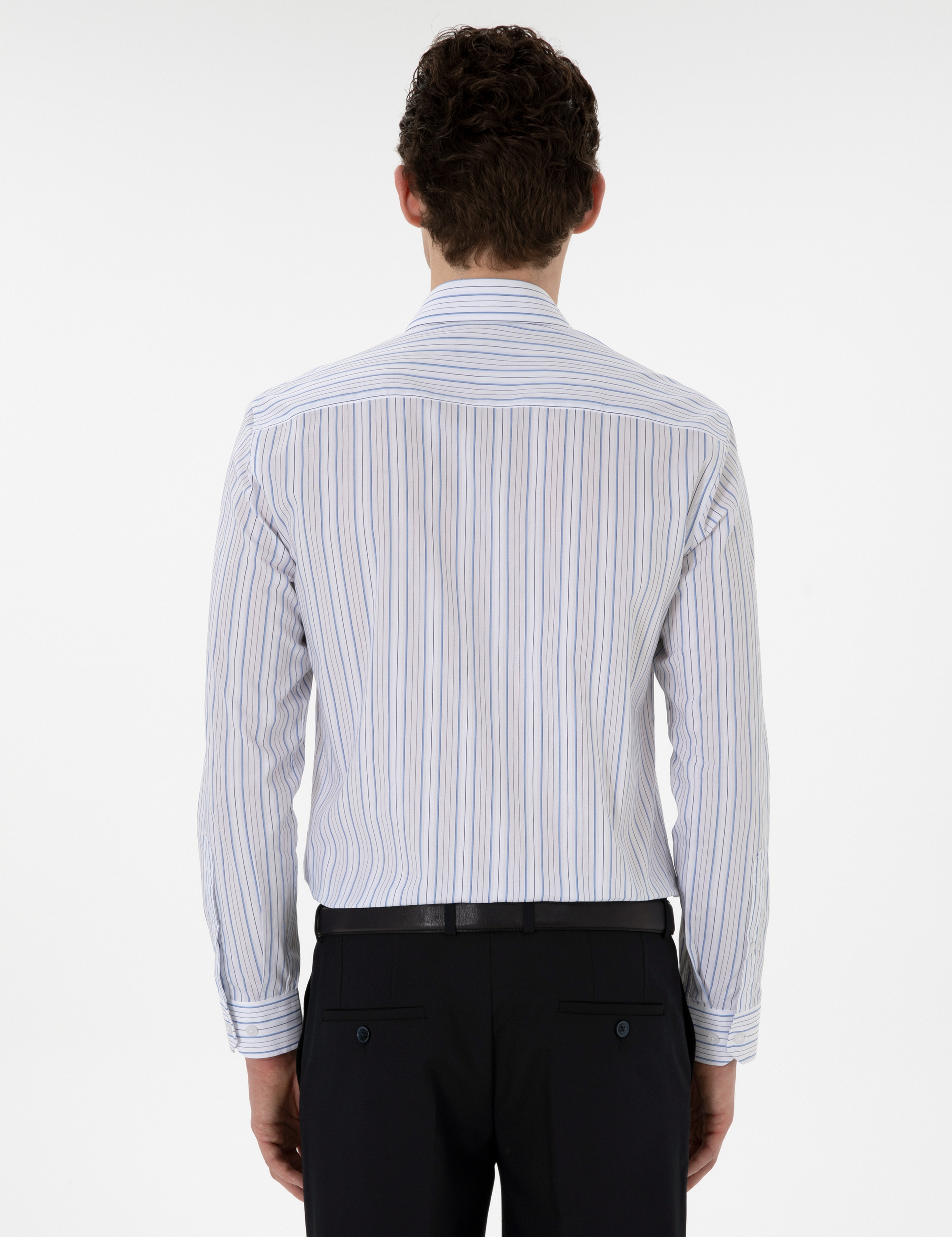 Mavi Çizgili Slim Fit Uzun Kollu Gömlek - Image 5