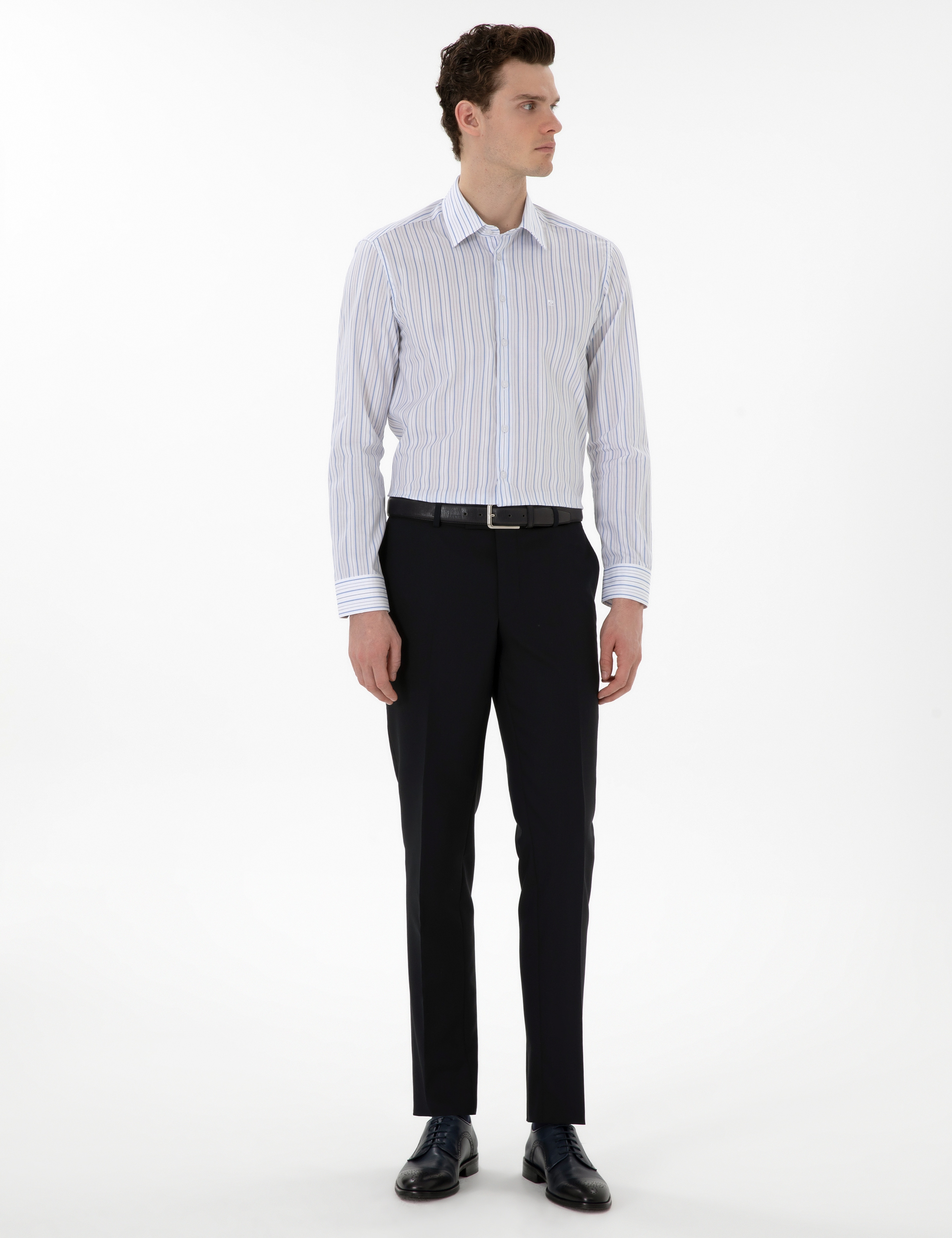 Mavi Çizgili Slim Fit Uzun Kollu Gömlek - Image 4