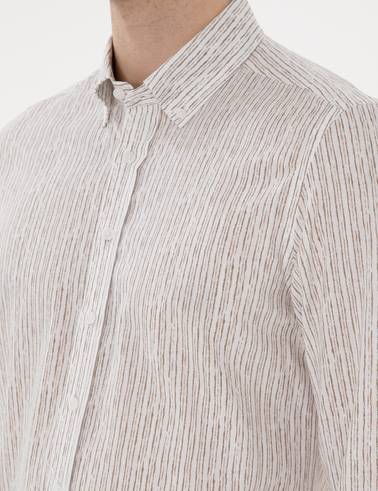Haki Çizgili Slim Fit Uzun Kollu Gömlek