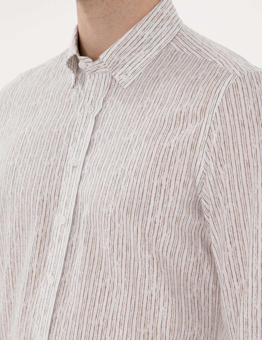 Haki Çizgili Slim Fit Uzun Kollu Gömlek