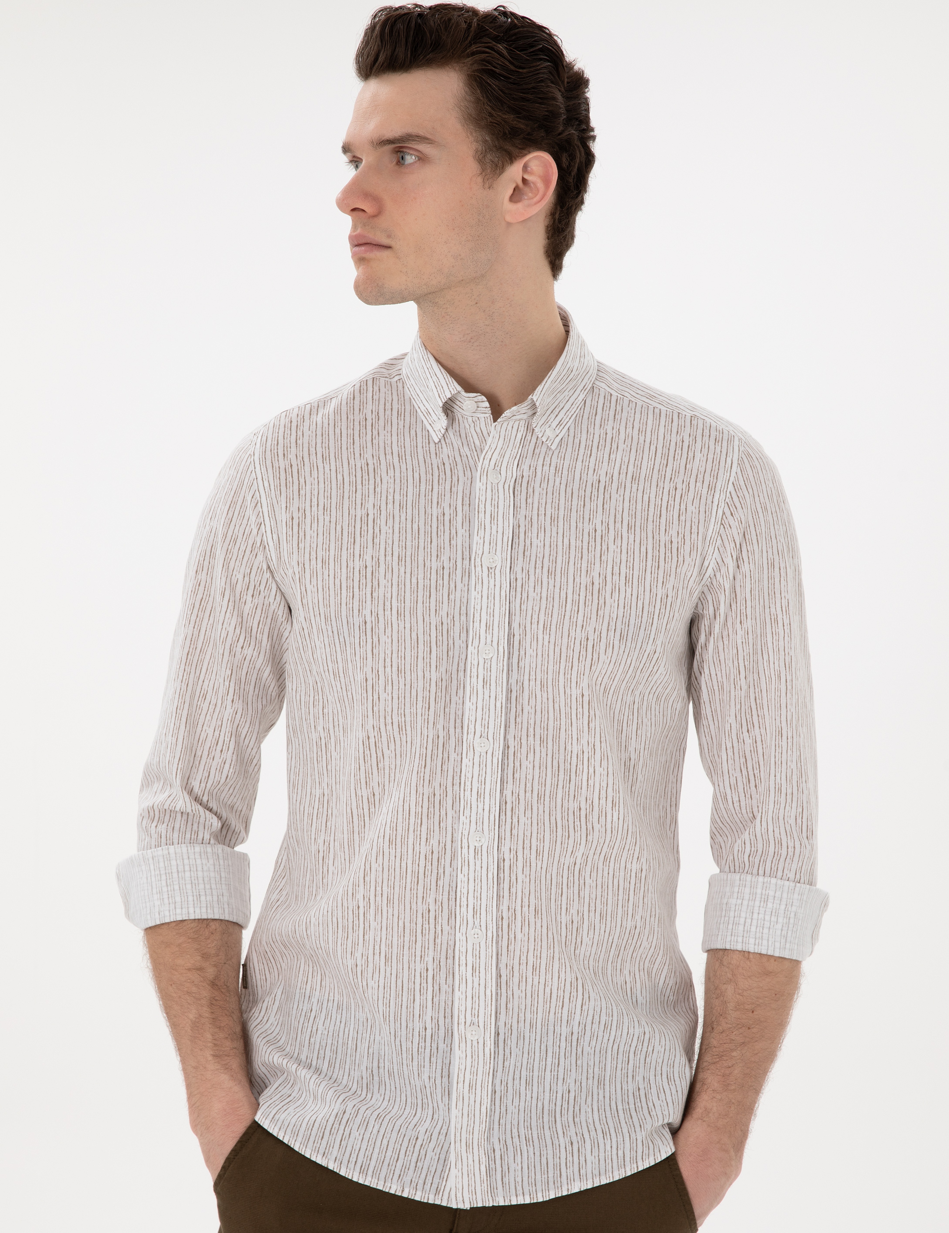 Haki Çizgili Slim Fit Uzun Kollu Gömlek - Image 3