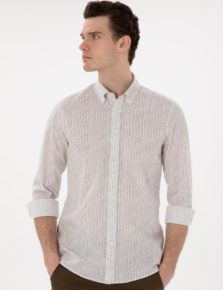 Haki Çizgili Slim Fit Uzun Kollu Gömlek - 50304595007