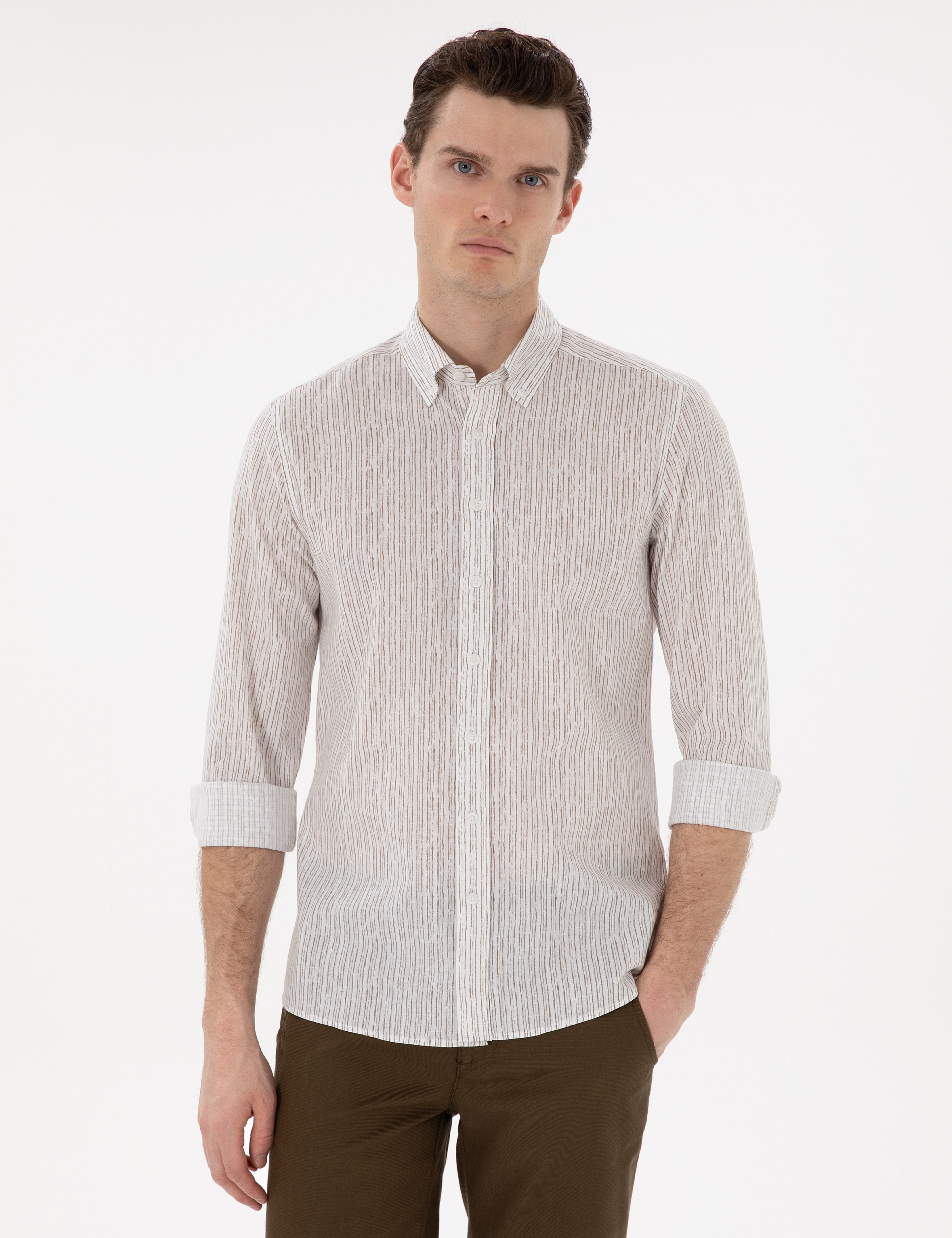 Haki Çizgili Slim Fit Uzun Kollu Gömlek - Image 1