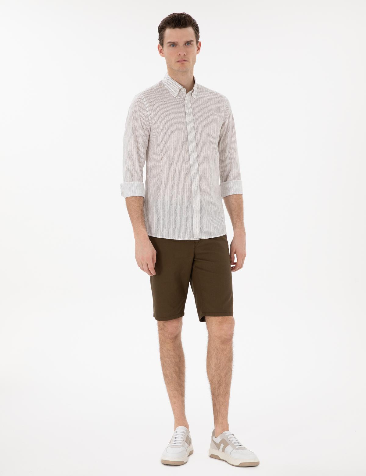 Haki Çizgili Slim Fit Uzun Kollu Gömlek - 50304595007