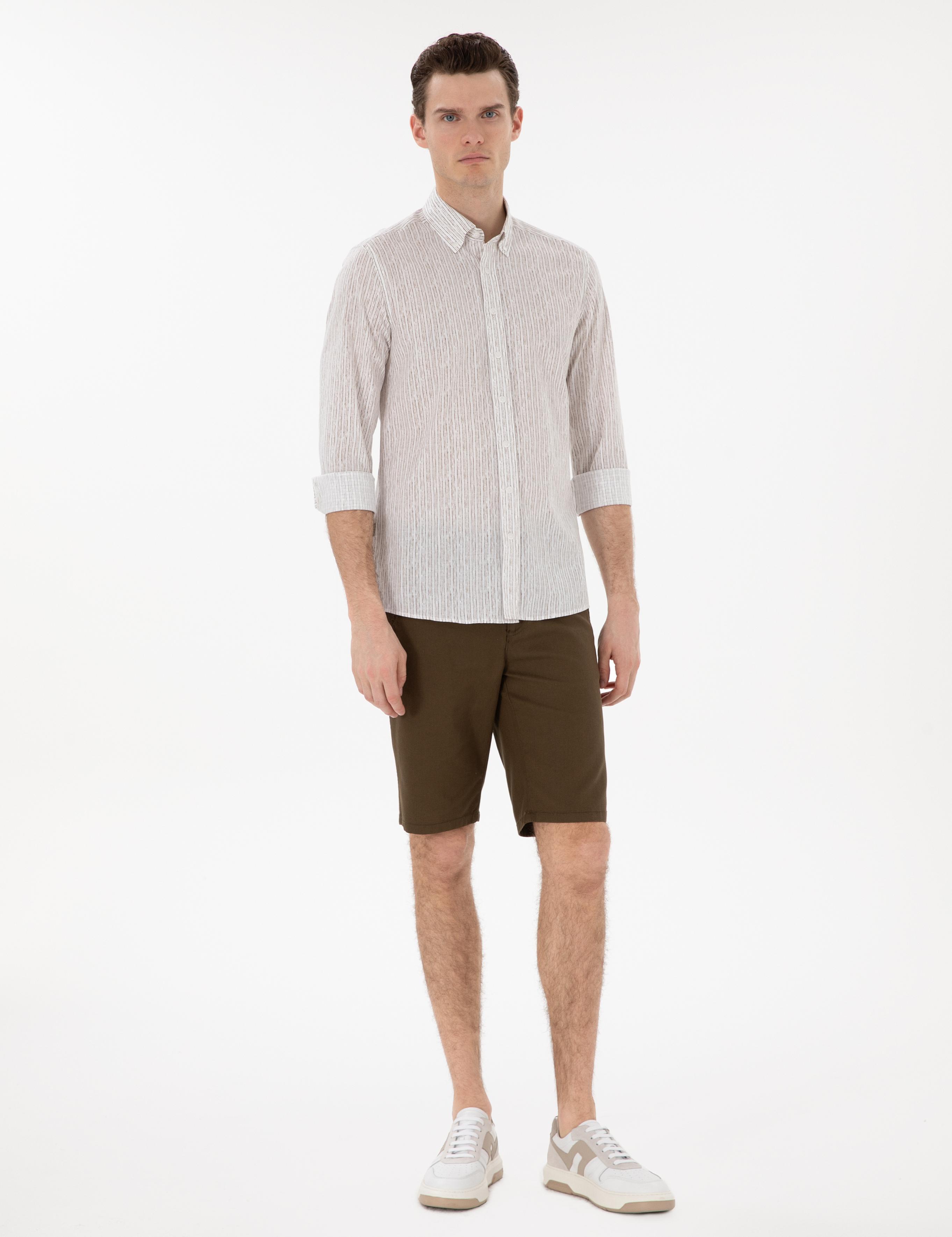 Haki Çizgili Slim Fit Uzun Kollu Gömlek