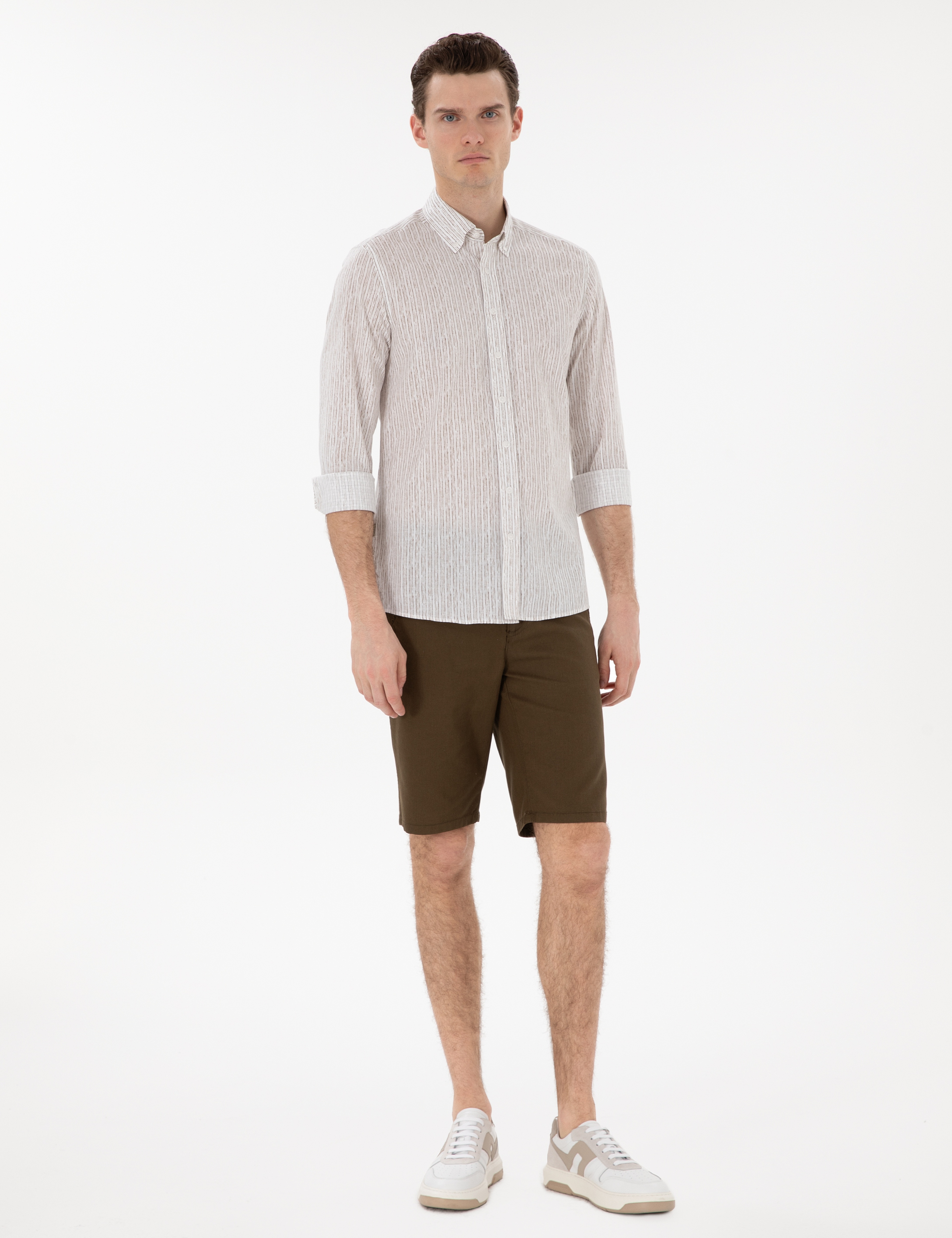 Haki Çizgili Slim Fit Uzun Kollu Gömlek - Image 4