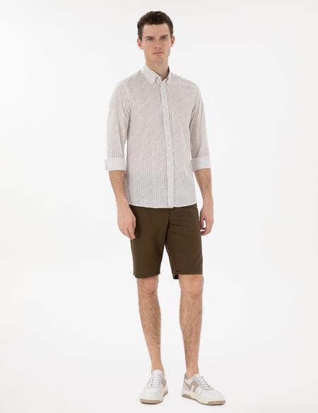 Haki Çizgili Slim Fit Uzun Kollu Gömlek - 50304595007