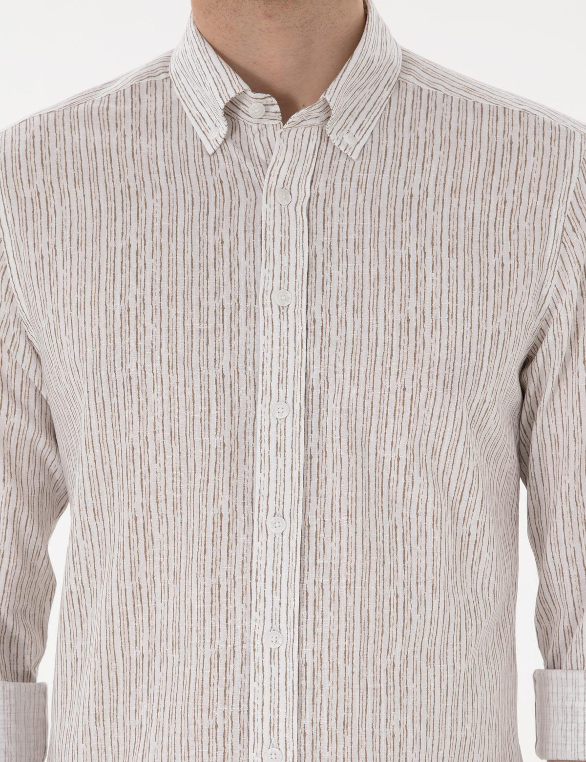 Haki Çizgili Slim Fit Uzun Kollu Gömlek - 50304595007