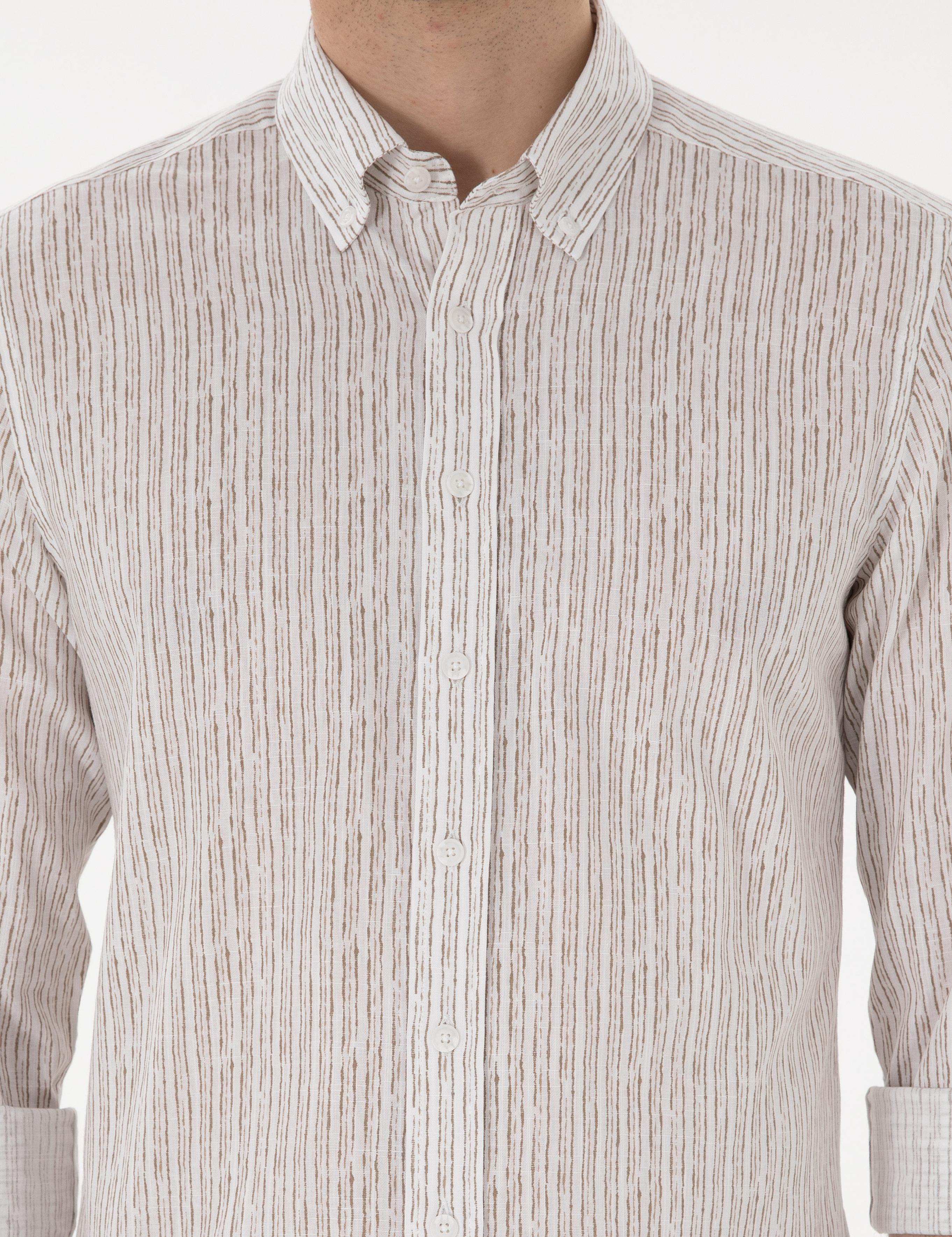 Haki Çizgili Slim Fit Uzun Kollu Gömlek