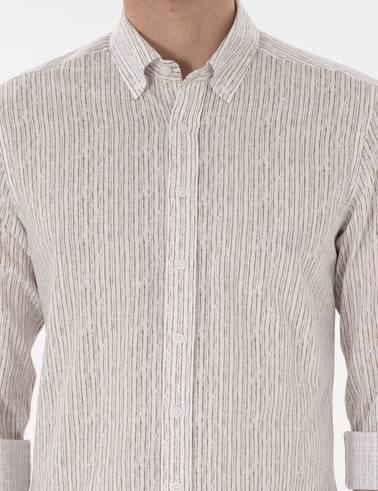 Haki Çizgili Slim Fit Uzun Kollu Gömlek