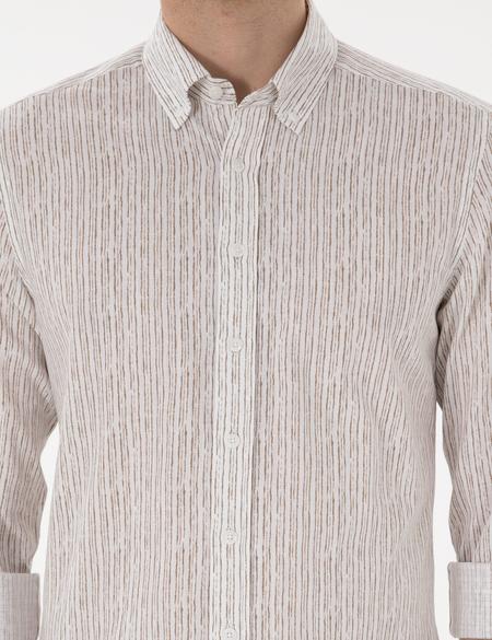 Haki Çizgili Slim Fit Uzun Kollu Gömlek - 50304595007