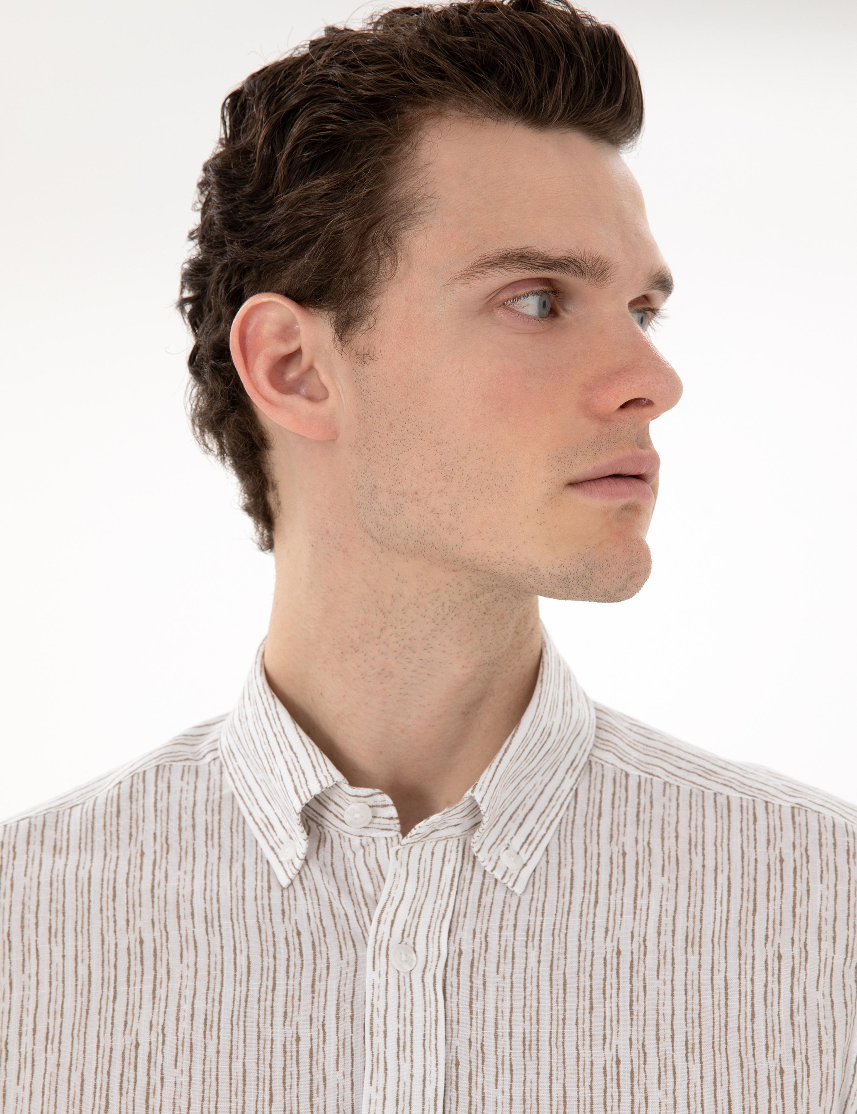 Haki Çizgili Slim Fit Uzun Kollu Gömlek