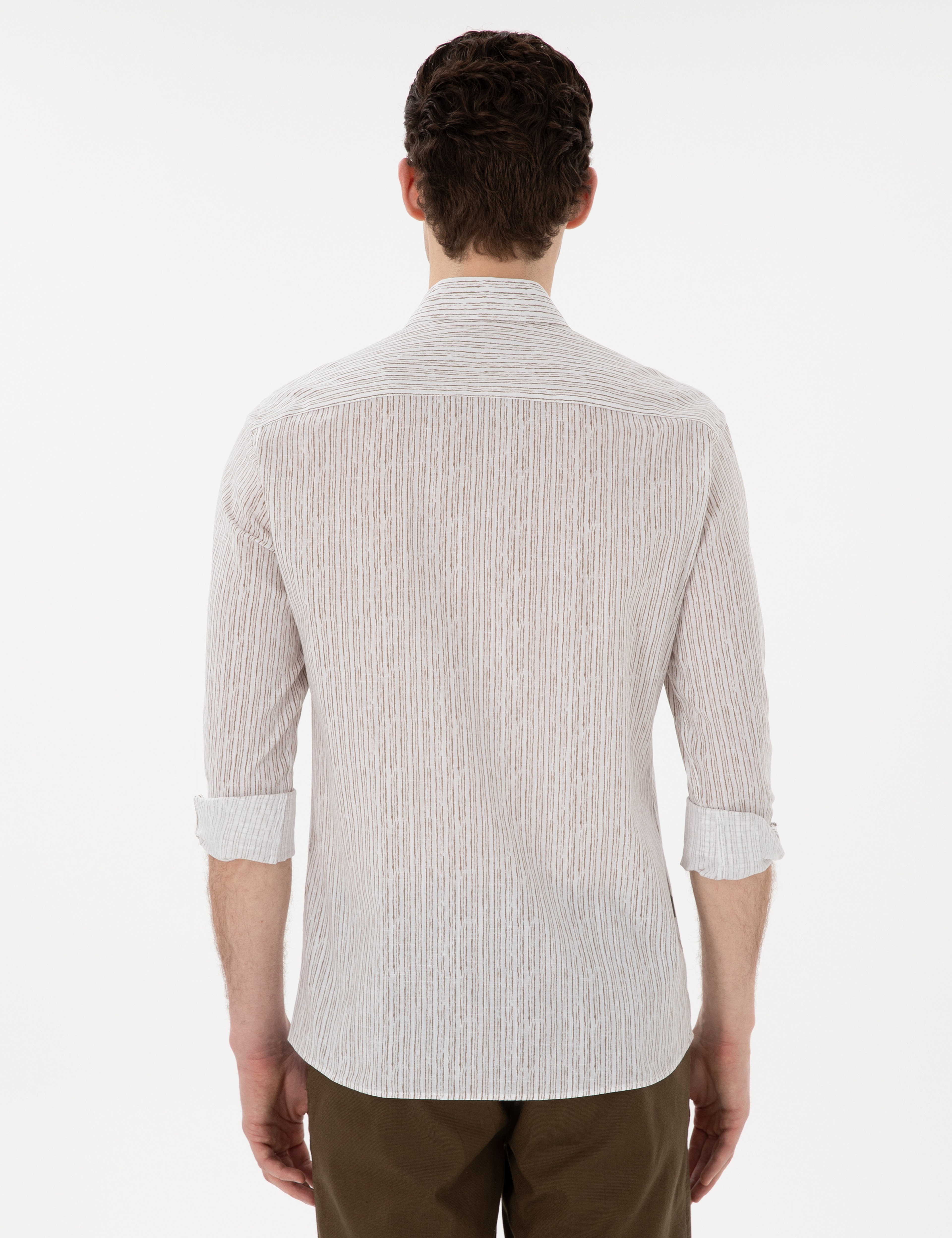Haki Çizgili Slim Fit Uzun Kollu Gömlek - Image 5