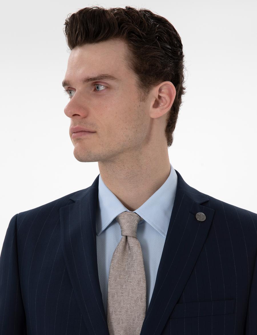 Lacivert Slim Fit Çizgili Takım Elbise