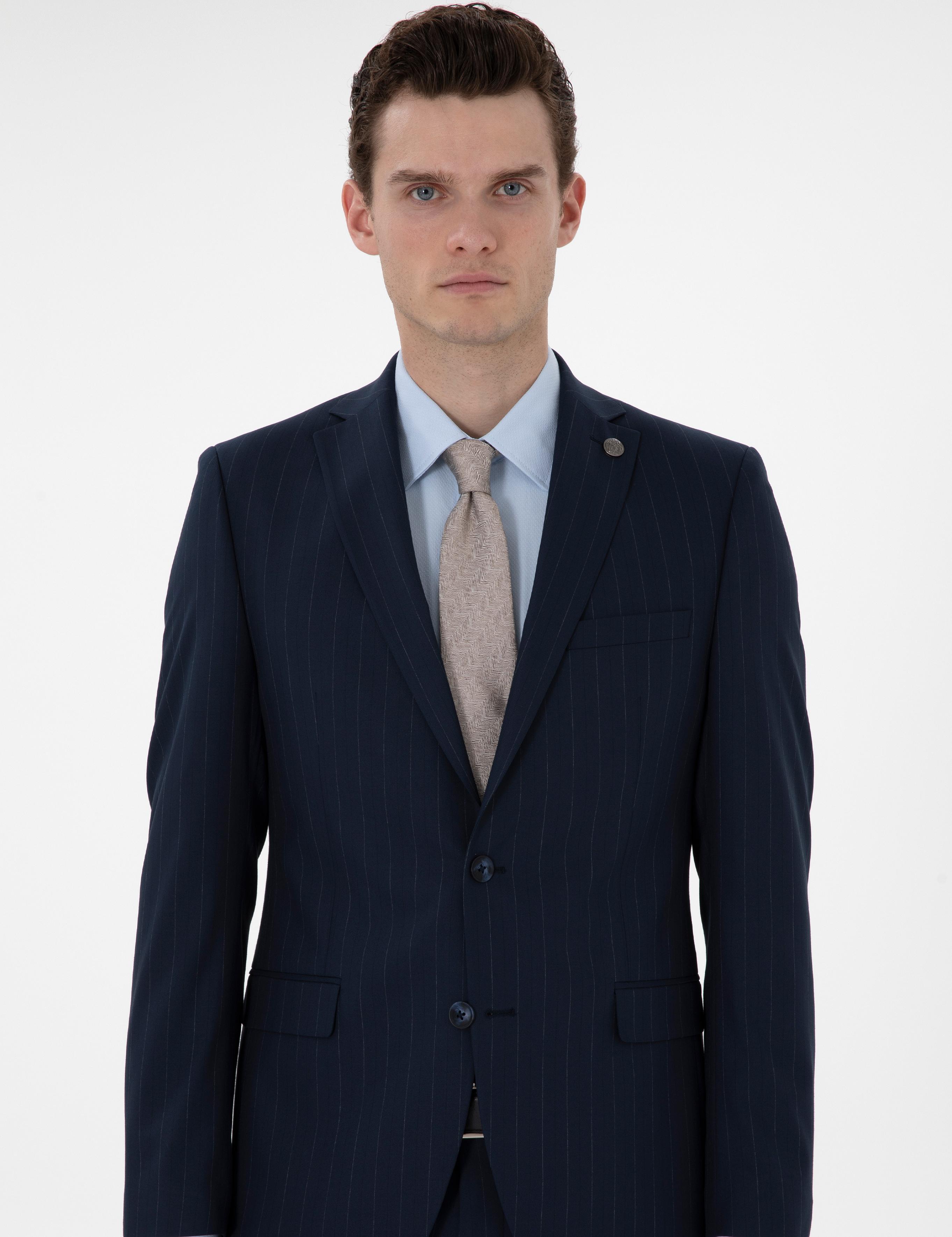 Lacivert Slim Fit Çizgili Takım Elbise