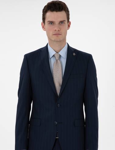 Lacivert Slim Fit Çizgili Takım Elbise