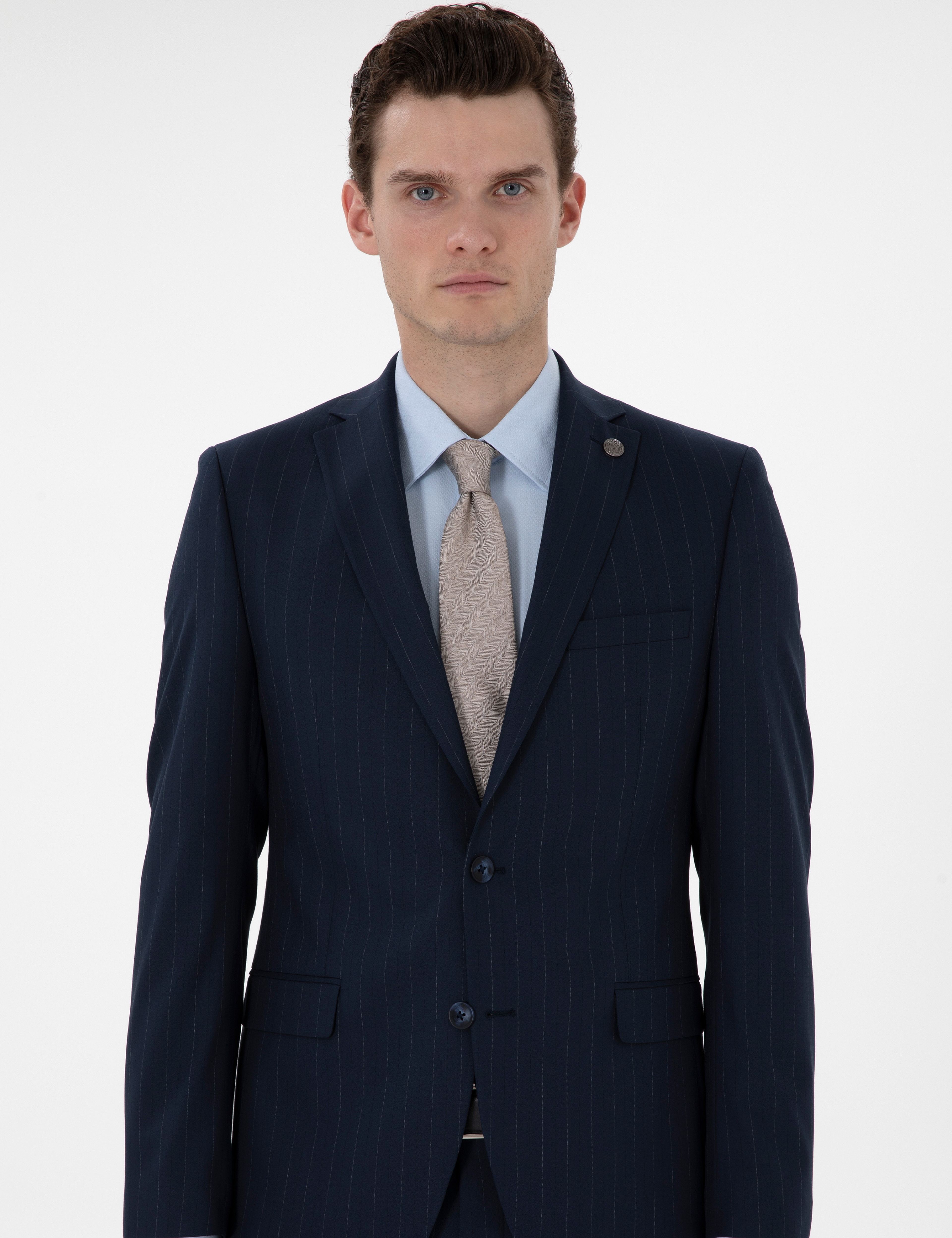 Lacivert Slim Fit Çizgili Takım Elbise - Image 3