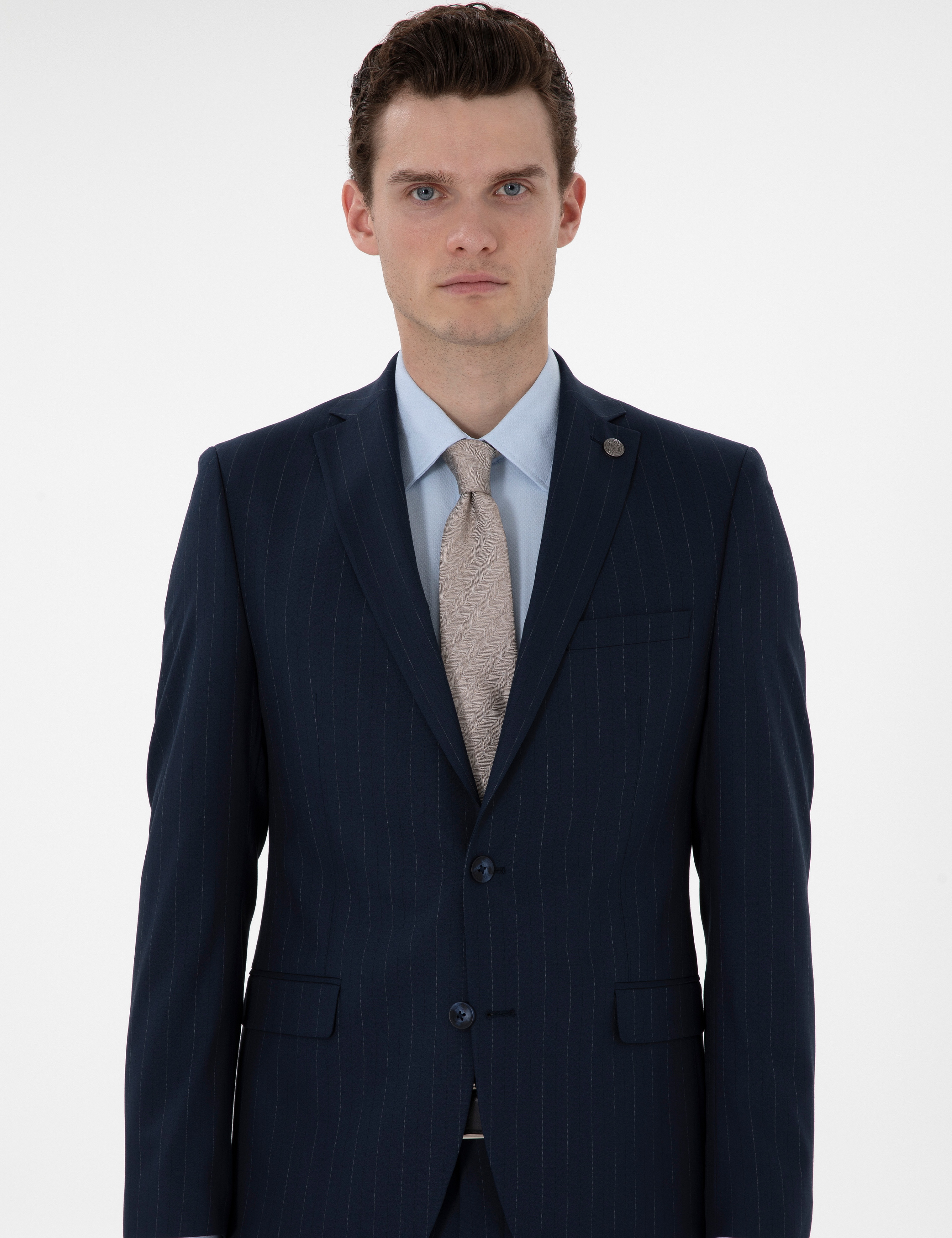 Lacivert Slim Fit Çizgili Takım Elbise
