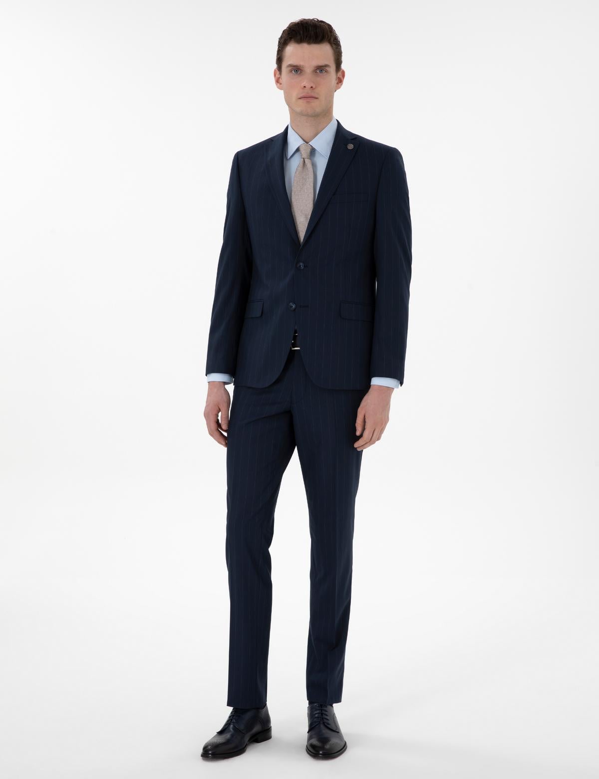 Lacivert Slim Fit Çizgili Takım Elbise