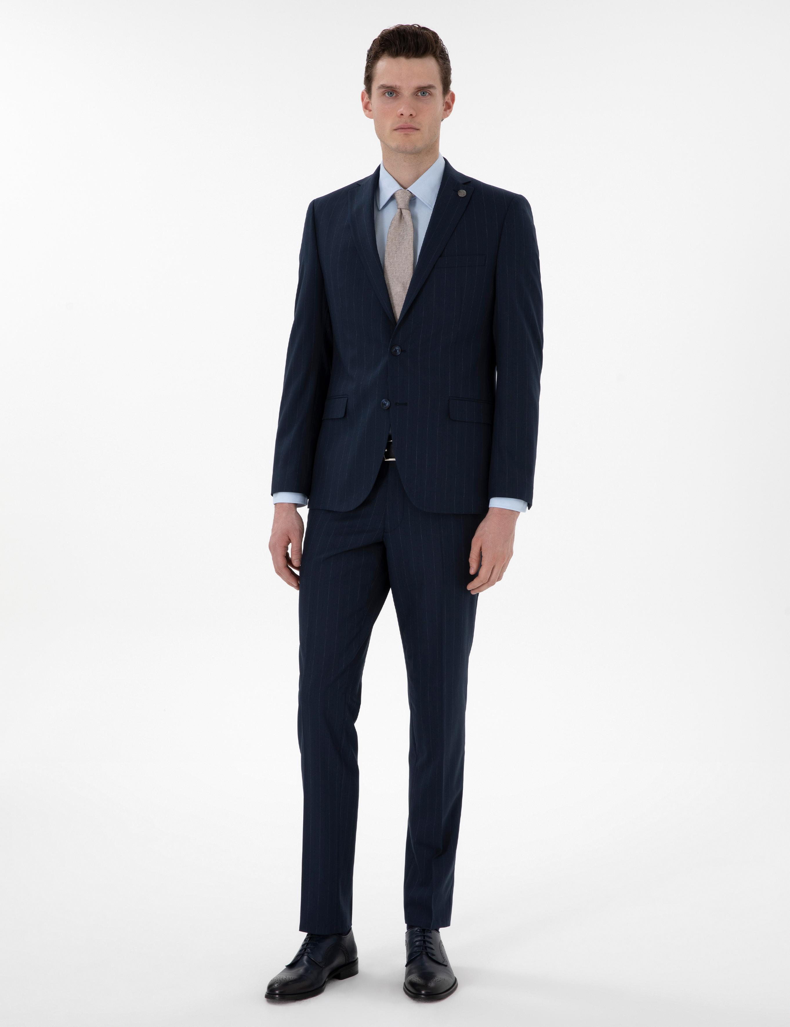 Lacivert Slim Fit Çizgili Takım Elbise