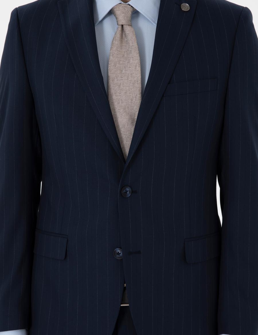 Lacivert Slim Fit Çizgili Takım Elbise